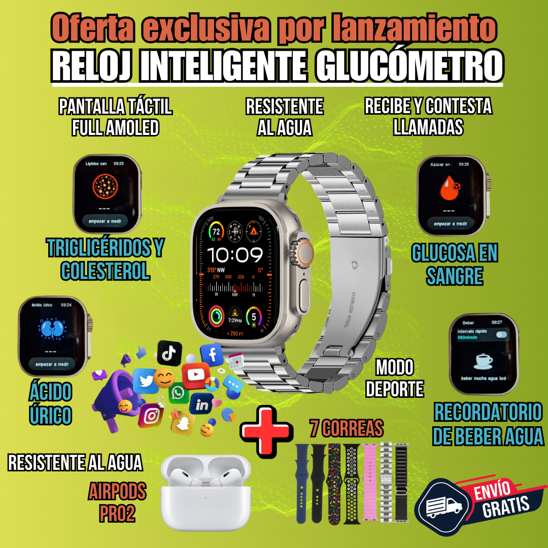 🚨S/119🚨🎉          GLUCOWATCH~ RELOJ INTELIGENTE S10 ULTRA 3 + AIRPODS PRO 2DA GENERACIÓN Y 7 CORREAS EXTRA 9 EN 1 🎉🔝FULL AMOLED 2026⌚🔋 𝗖𝗔𝗥𝗚𝗔 𝗜𝗡𝗔𝗟𝗔𝗠𝗕𝗥𝗜𝗖𝗔
