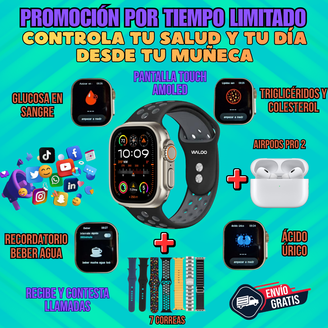 🚨S/119🚨🎉          GLUCOWATCH~ RELOJ INTELIGENTE S10 ULTRA 3 + AIRPODS PRO 2DA GENERACIÓN Y 7 CORREAS EXTRA 9 EN 1 🎉🔝FULL AMOLED 2026⌚🔋 𝗖𝗔𝗥𝗚𝗔 𝗜𝗡𝗔𝗟𝗔𝗠𝗕𝗥𝗜𝗖𝗔