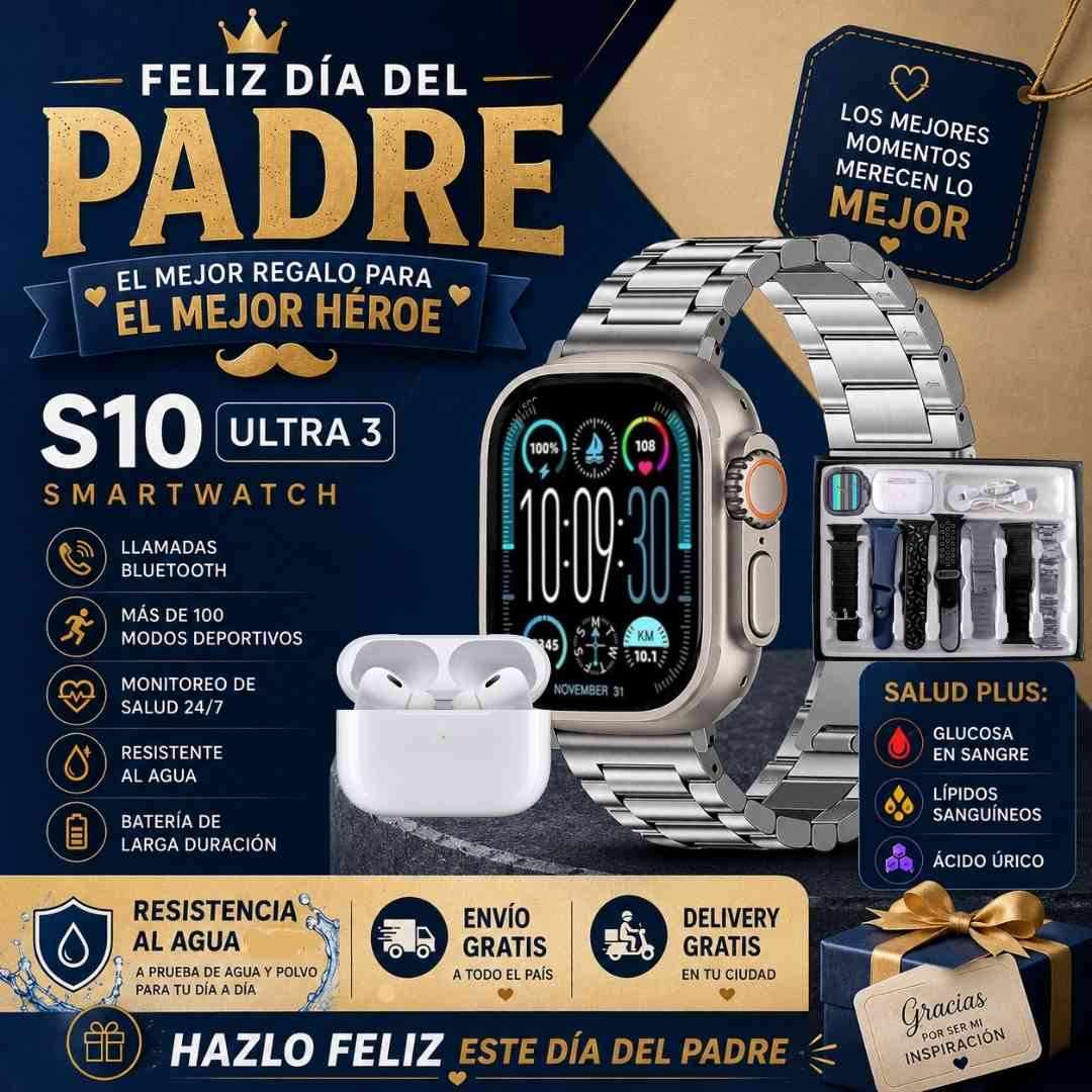 🚨S/119🚨🎉          GLUCOWATCH~ RELOJ INTELIGENTE S10 ULTRA 3 + AIRPODS PRO 2DA GENERACIÓN Y 7 CORREAS EXTRA 9 EN 1 🎉🔝FULL AMOLED 2026⌚🔋 𝗖𝗔𝗥𝗚𝗔 𝗜𝗡𝗔𝗟𝗔𝗠𝗕𝗥𝗜𝗖𝗔